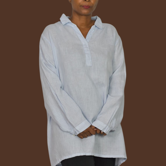 Match Point Linen Tunic Light Blue Collared V Neck Long Sleeve Popover Shirt XL - Picture 8 of 13